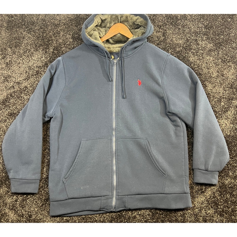 U.S. Polo Assn. XXL Full Zip Hoodie Plush Lined Sweatshirt Blue Mens *Small Flaw